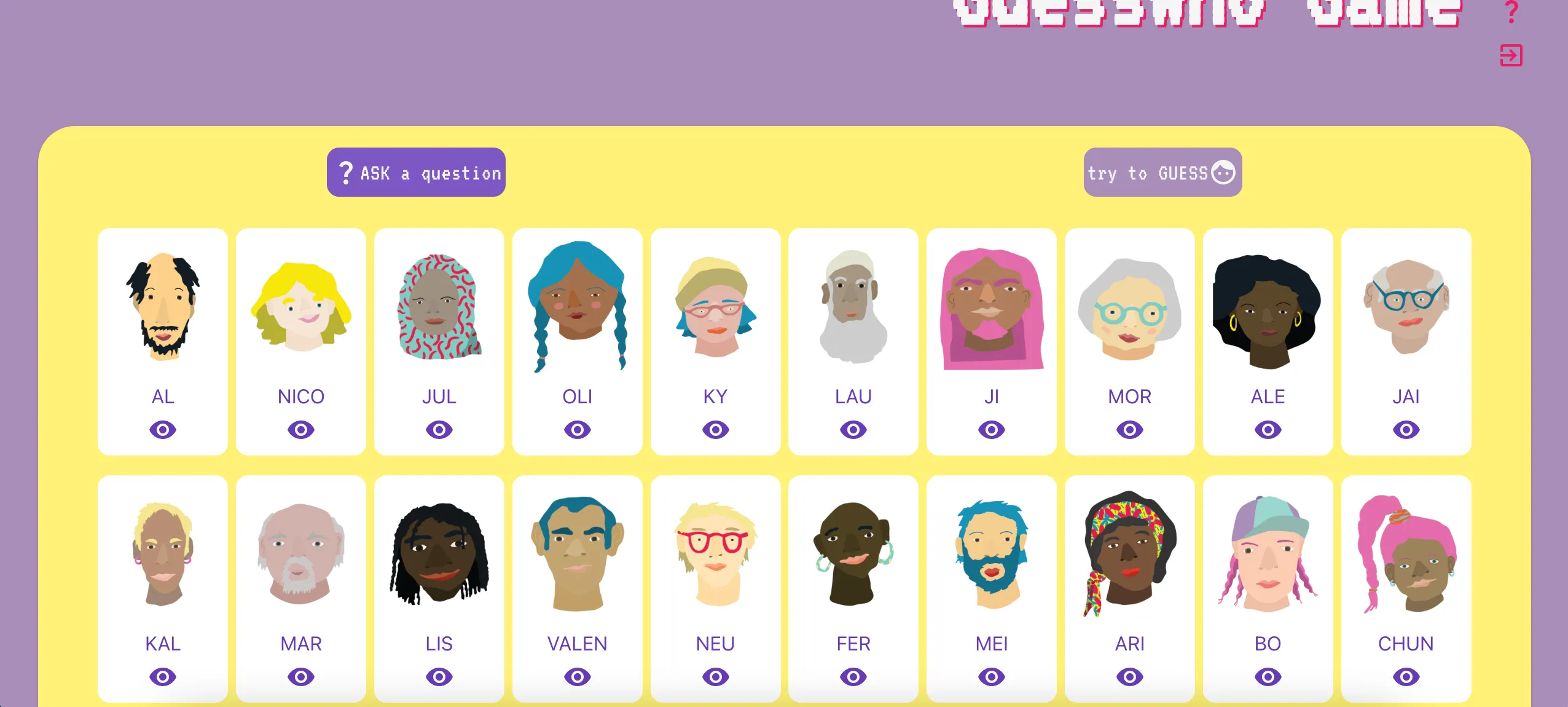 Screenshot of the Guess Who game main view, featuring twenty illustrated character cards