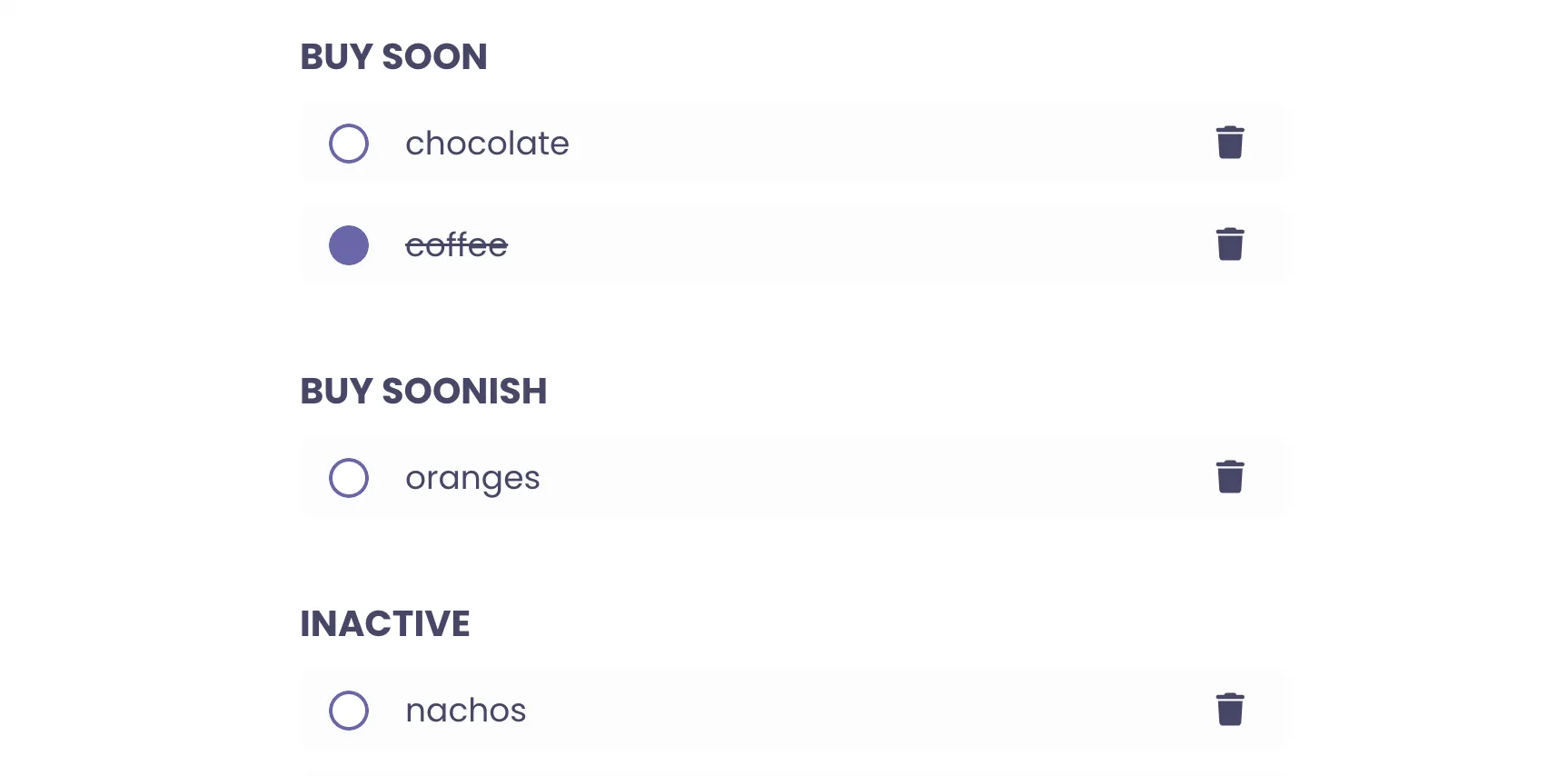 List view showing a group of ordered items, with one marked as recently bought. This is indicated by a checked checkbox and a strikethrough