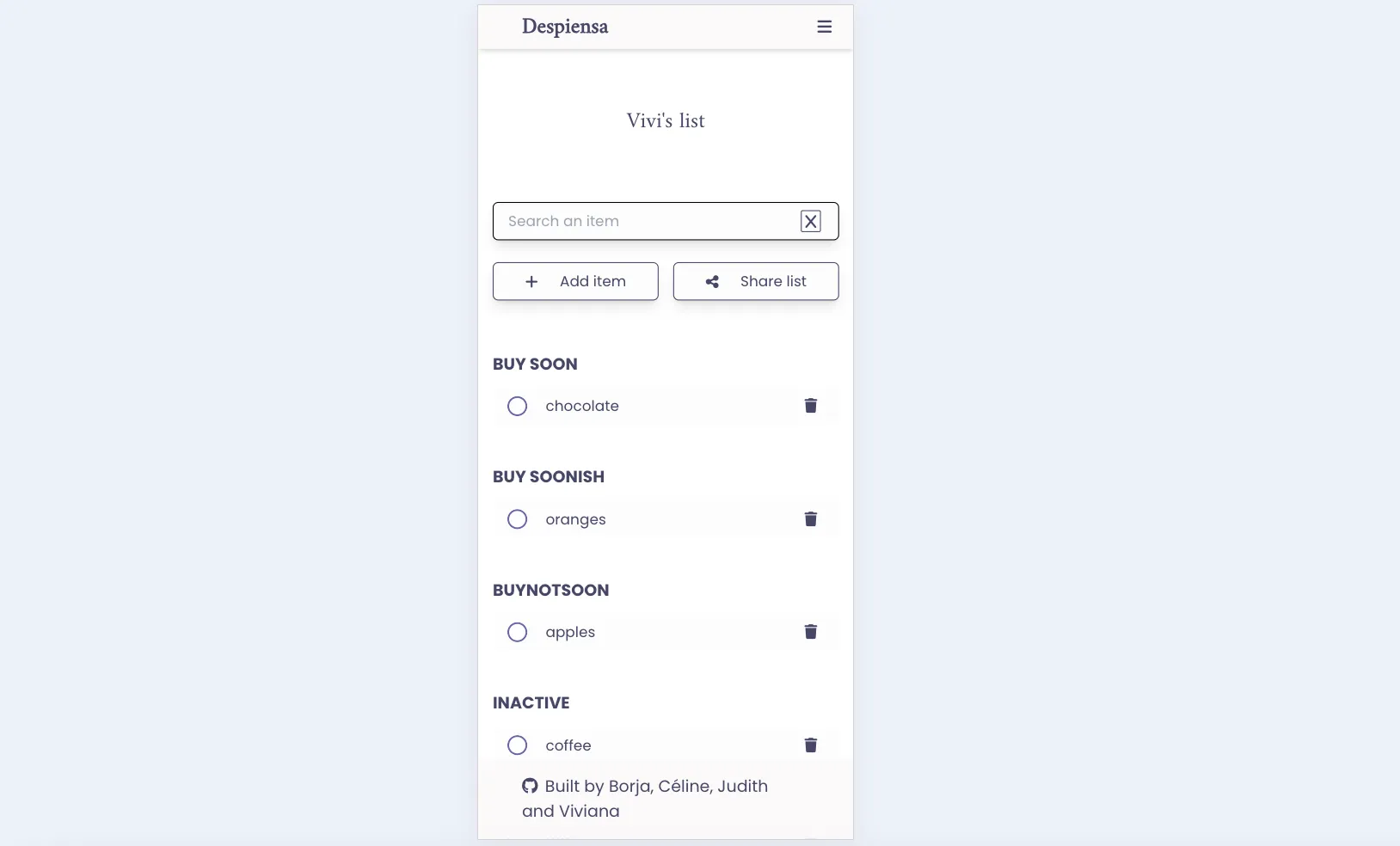 Mobile layout of the list view, displaying ordered items optimized for smaller screens